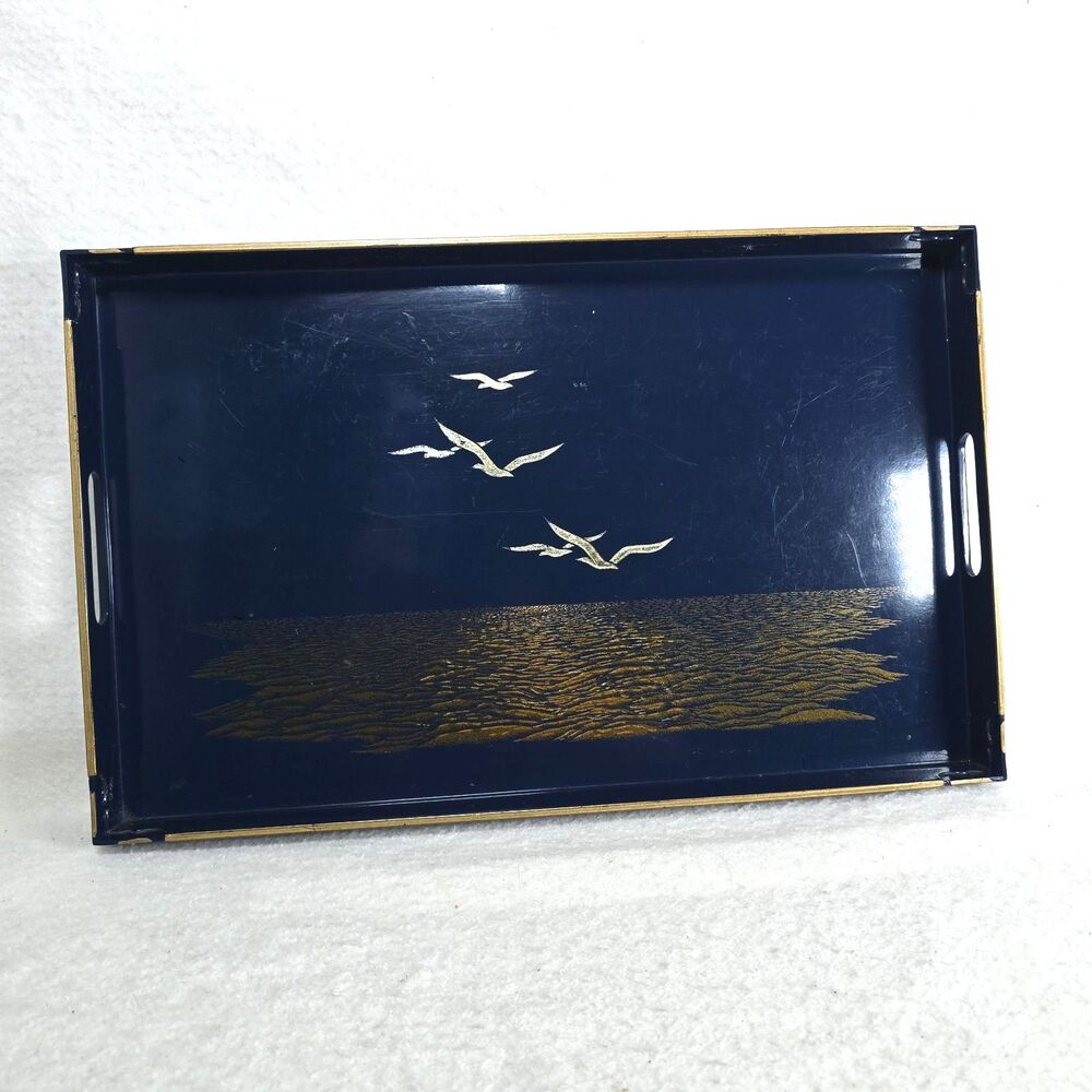 Vintage Otagiri Lacquer Gold Trim Tray Sea Breeze Seagull Japan Serving Tray